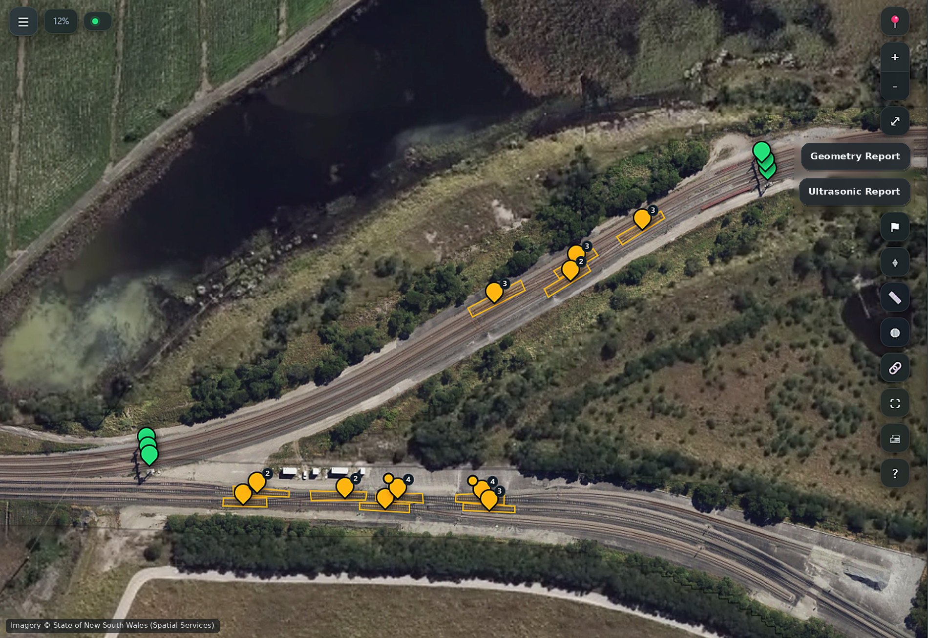 The Align Rail inspection map over aerial imagery of a working rail loop, with turnout markers and outlines
