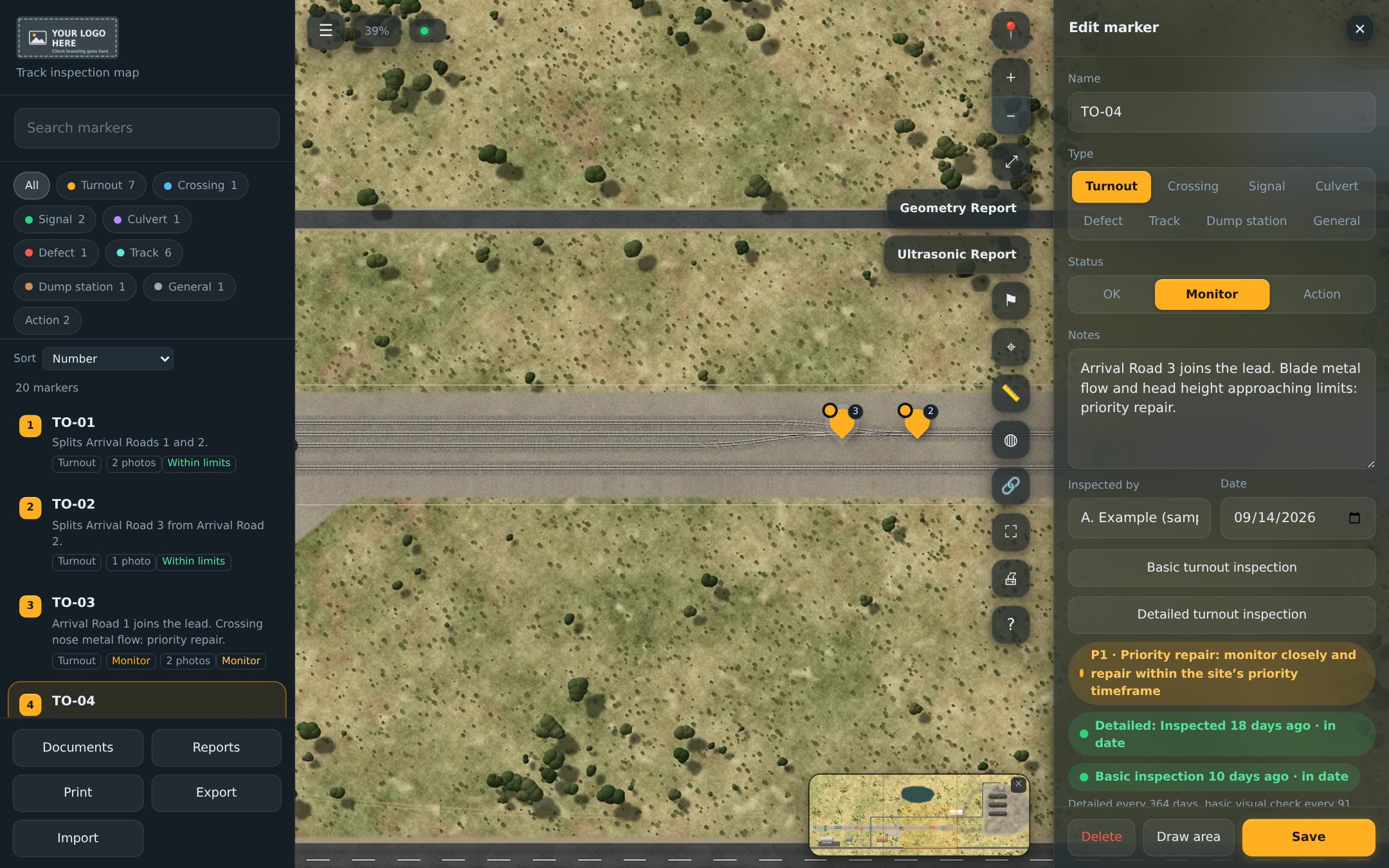 The Demo Yard inspection map, with turnout TO-04 open showing a P1 priority repair