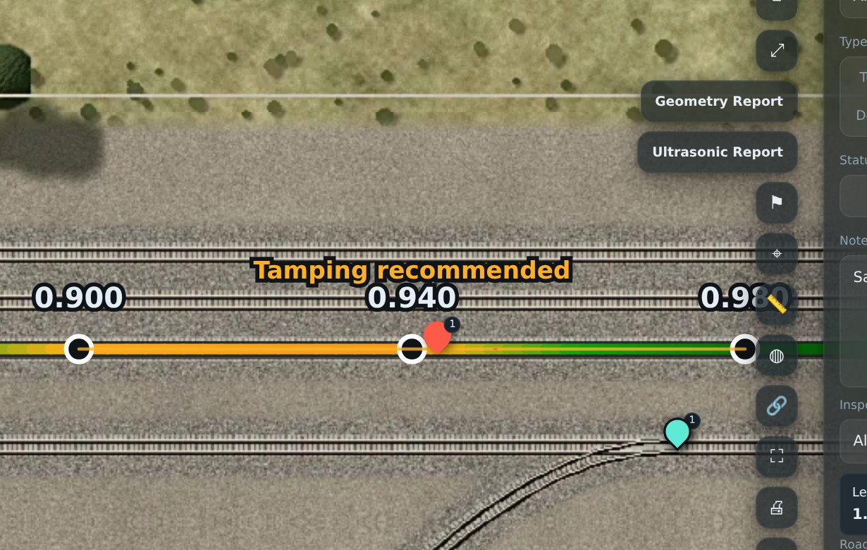 A geometry finding, tamping recommended, drawn over the track with its chainage