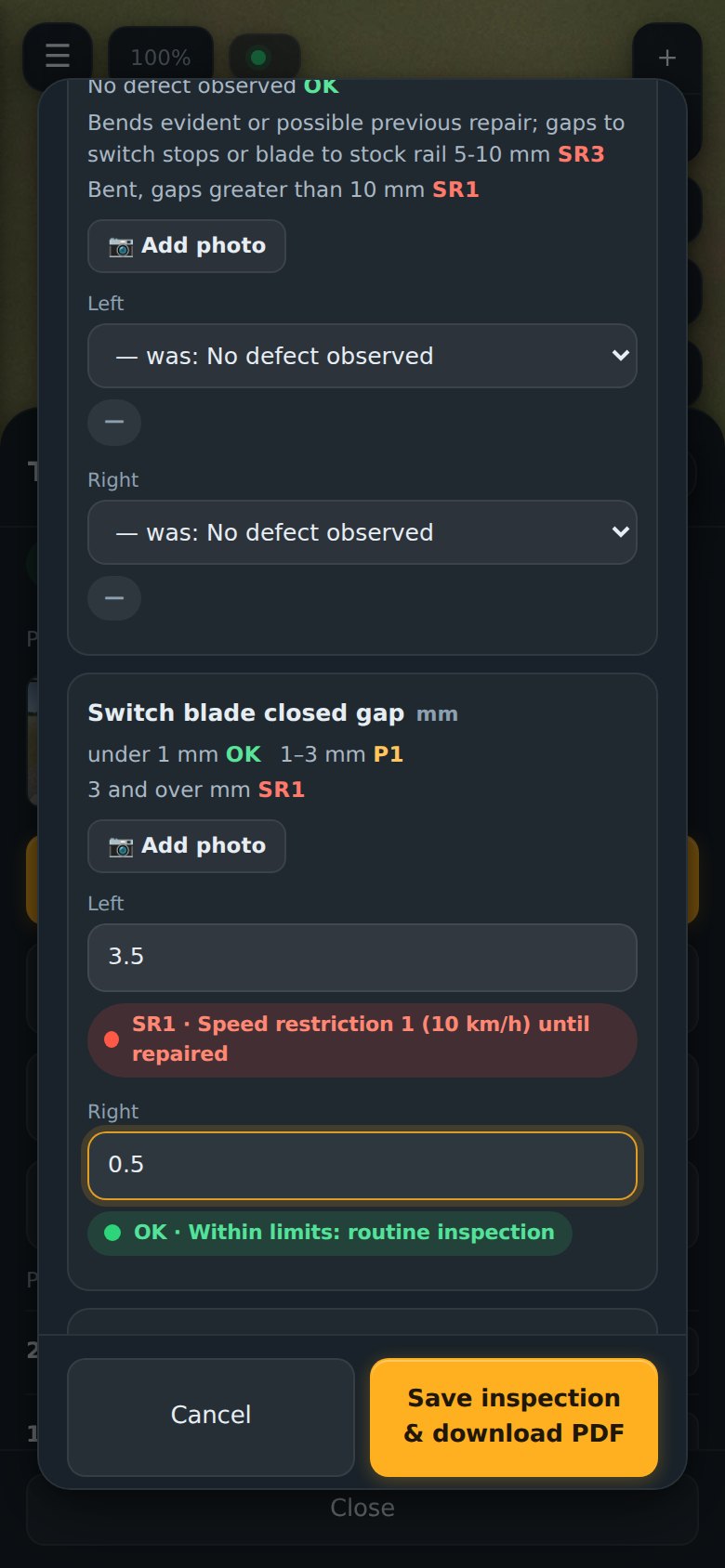 Inspection form showing tolerances and an SR1 result